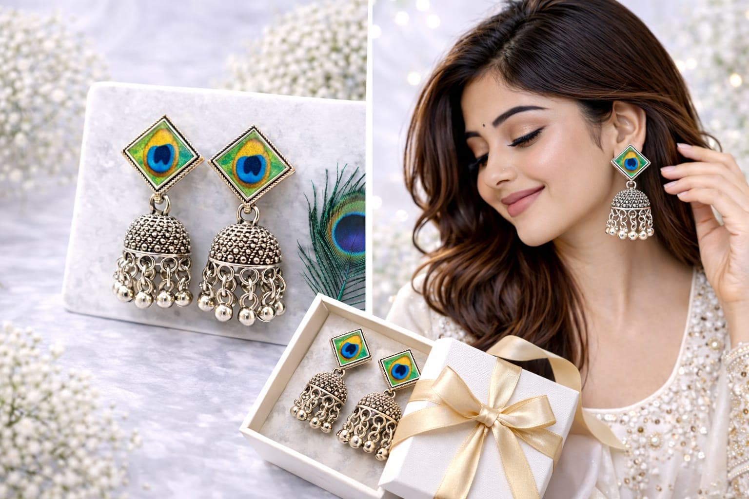 Oxidised Silver Plated Peacock Feather Jhumka Earrings for Women | Traditional Ethnic Dome Dangler Earrings — thumbnail 3