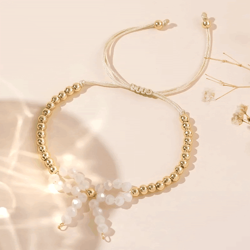 Adjustable Gold Beaded Crystal Bow Bracelet for Women & Girls | Elegant Hand Bracelet — view 1
