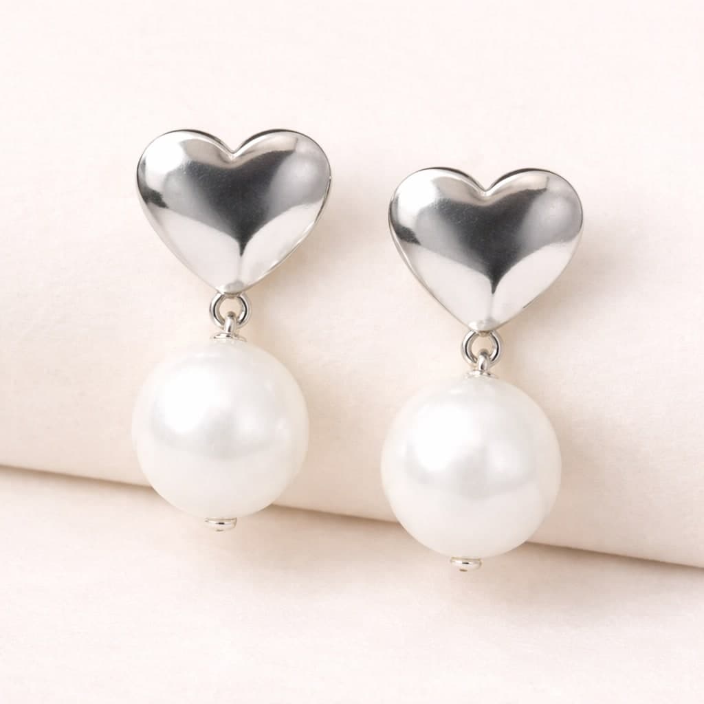 Shringarika Heart Pearl Drop Earrings for Women & Girls | Silver Finish Heart Stud with Pearl Dangle | Elegant Party Wear Fashion Jewellery — thumbnail 3