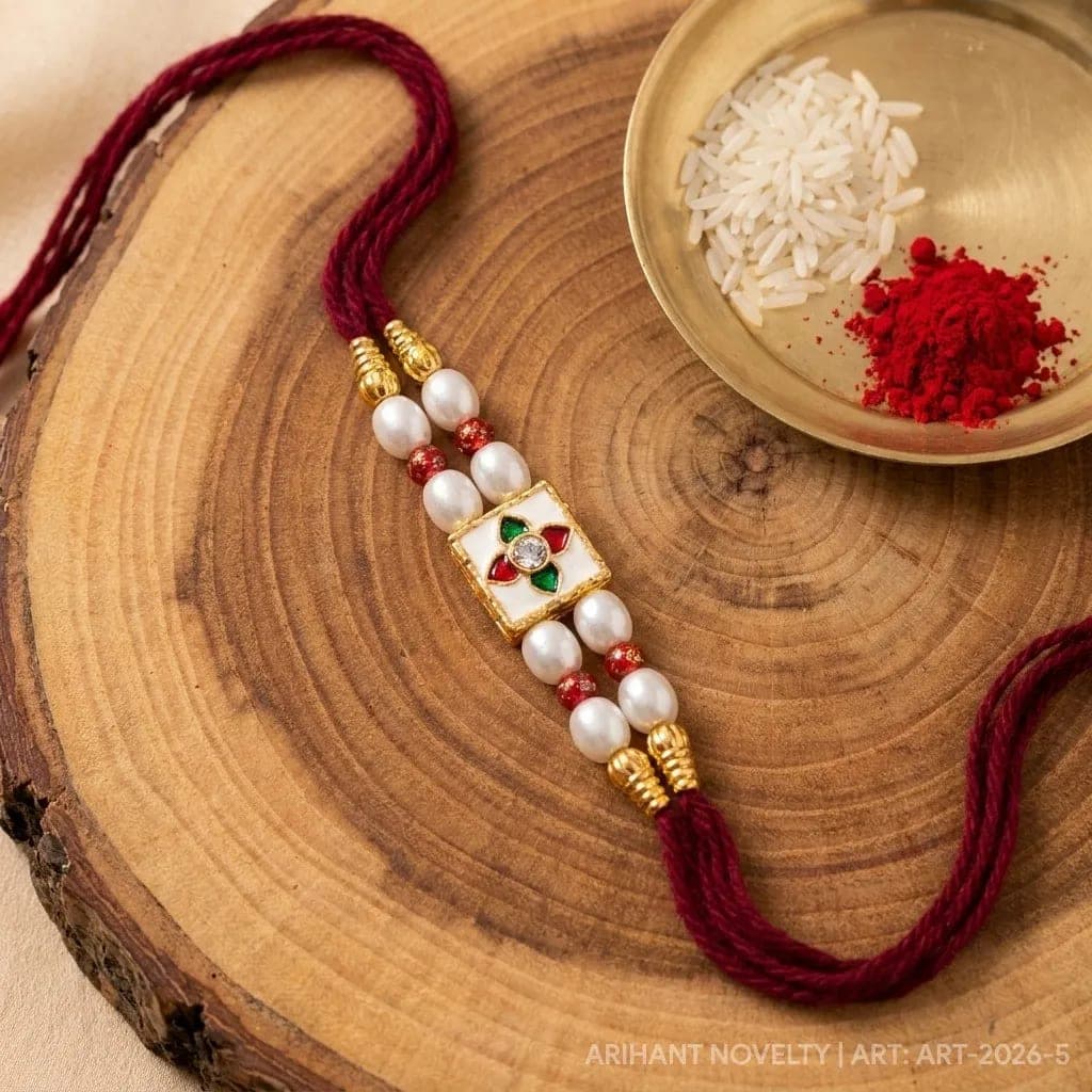 Kesariya Bandhan Premium Pearl Meenakari Designer Rakhi for Brother | Square Floral Stone Handmade Rakhi | Traditional Raksha Bandhan Rakhi — view 1