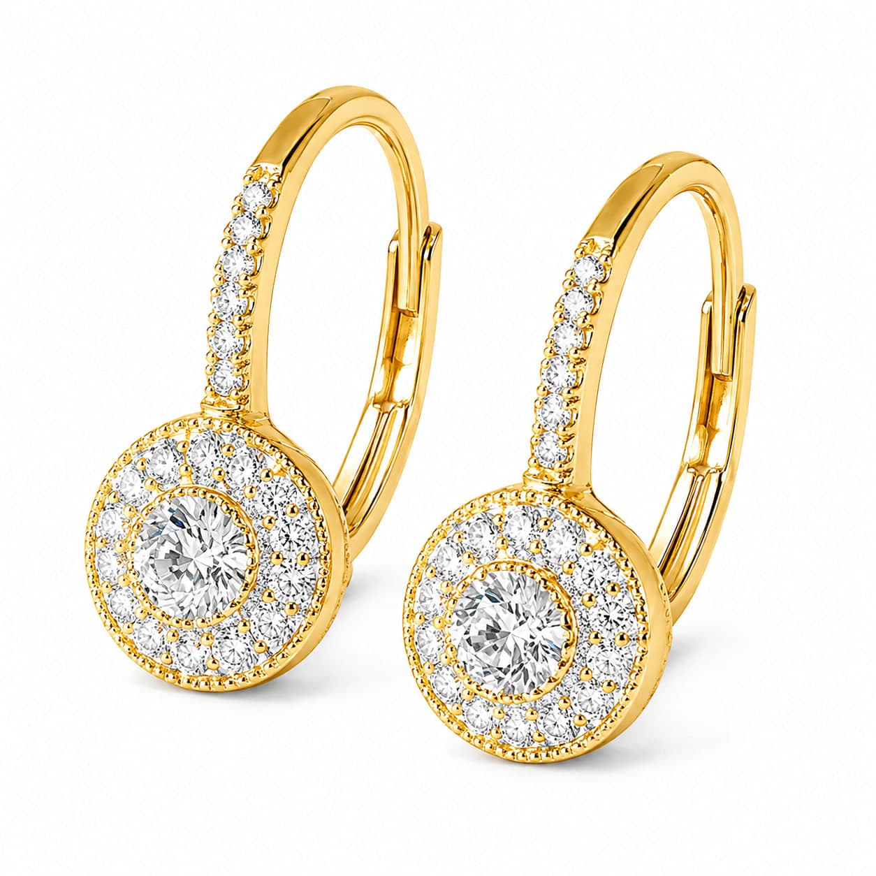 Gold-Tone Round Halo Crystal Hoop Earrings for Women & Girls | Elegant Leverback Earrings — thumbnail 2