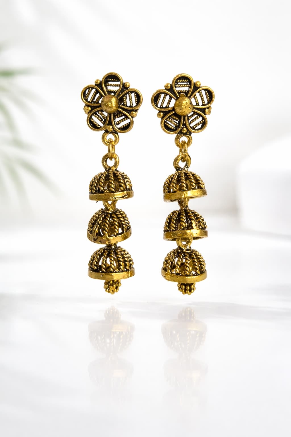 Traditional Oxidized Gold Triple Jhumki Drop Earrings for Women & Girls | Floral Ethnic Long Earrings | Pair of 1 — view 1