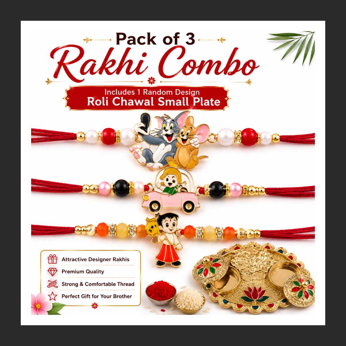 Kesariya Bandhan Kids Cartoon Rakhi Combo Pack of 3 with Free Random Design Roli Chawal Plate | Tom & Jerry, Cartoon Car & Chhota Bheem Designer Rakhi Set — view 1