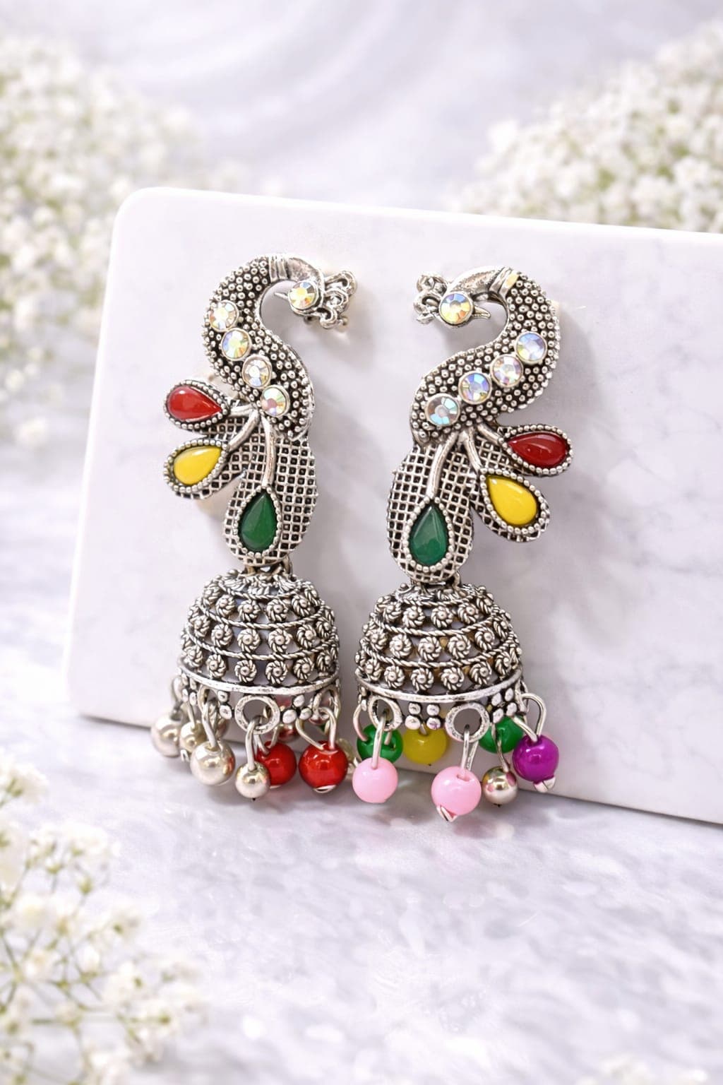 Oxidised Silver Plated Peacock Jhumka Earrings for Women | Multicolor Beaded Ethnic Dangler Earrings — view 1