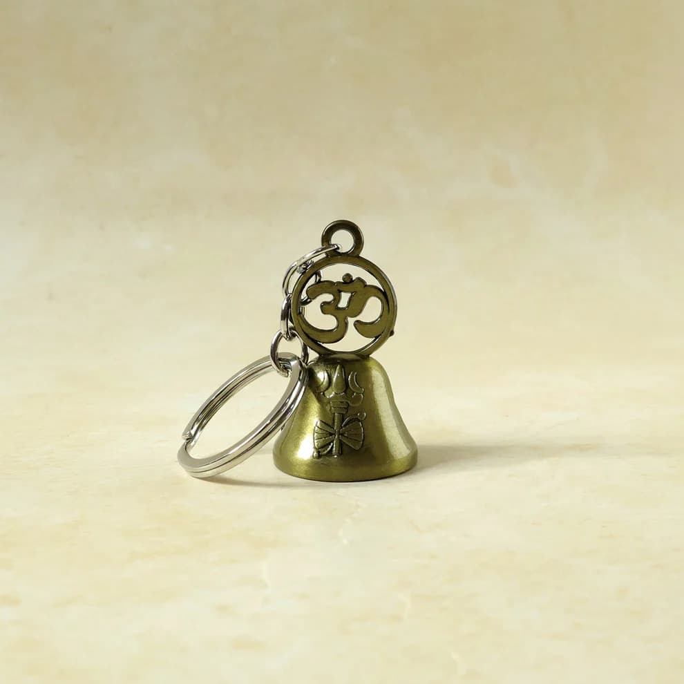 Vintage Brass Finish Bell Keychain with Om Symbol | Metal Lucky Key Ring for Car, Bike, Home & Office Keys | Decorative Religious Key Holder — thumbnail 4