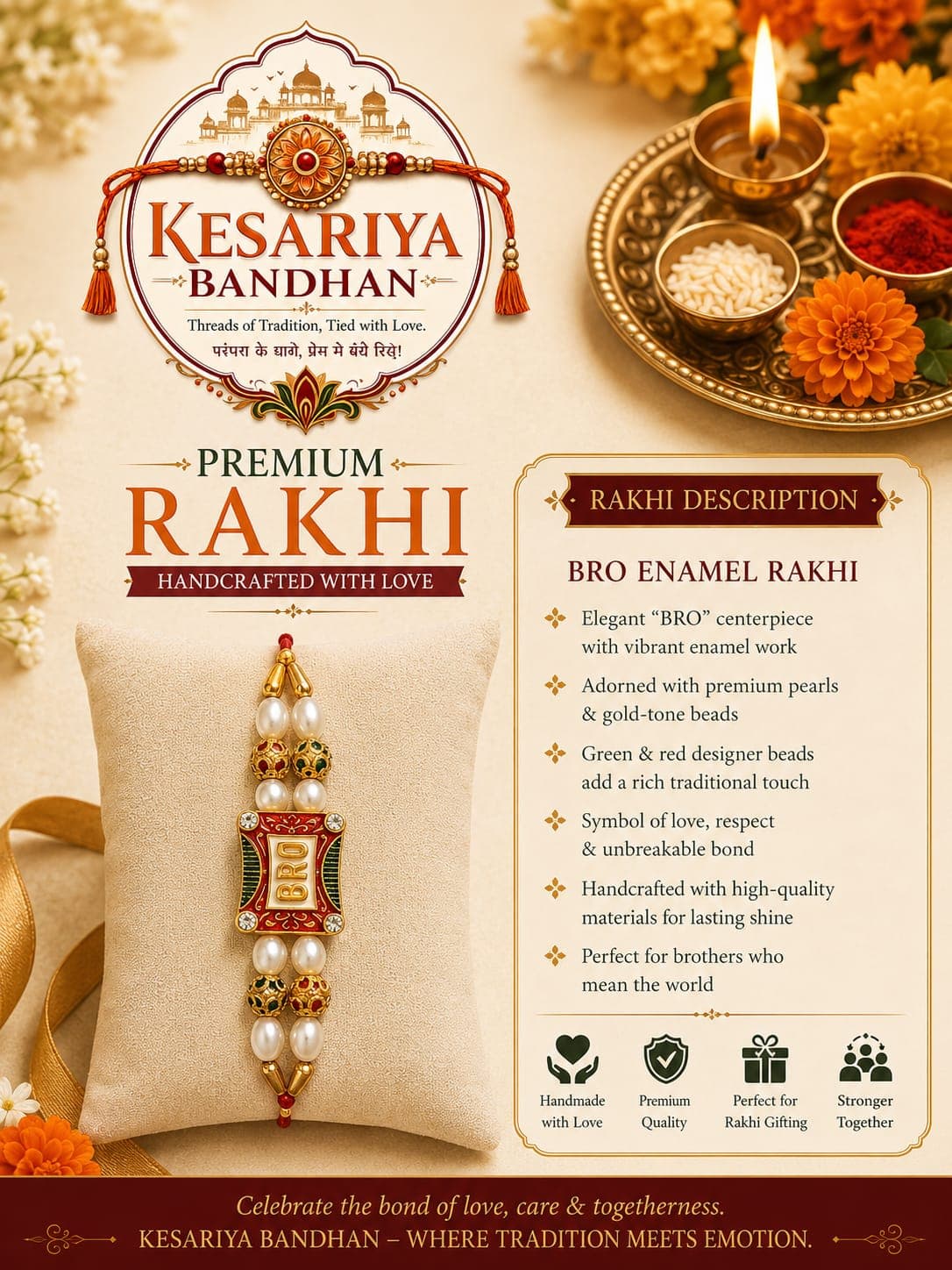 Kesariya Bandhan Premium BRO Enamel Rakhi | Pearl & Designer Beads Rakhi | Handcrafted Raksha Bandhan Rakhi for Brother — wholesale price India