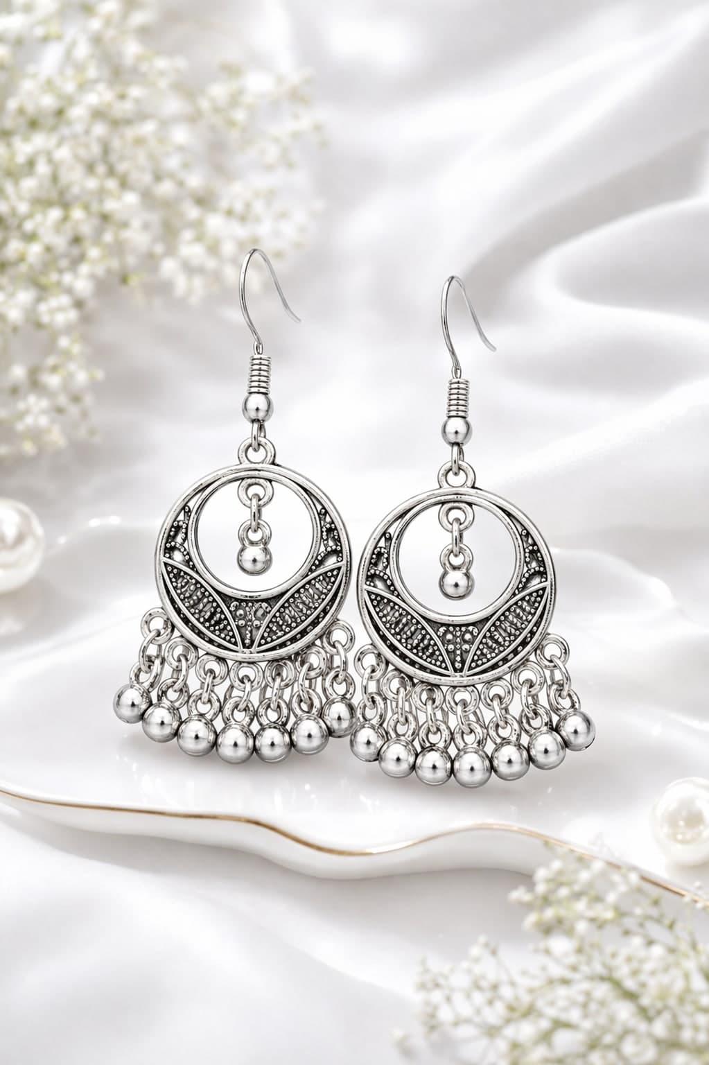 Silver Oxidised Circular Chandbali Earrings with Dangling Beads for Women & Girls — view 1