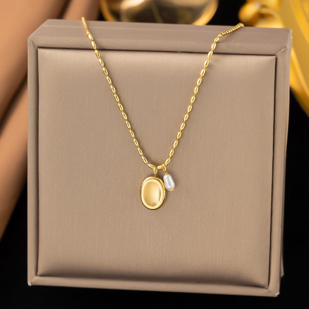 Gold Plated Oval Disc & Pearl Pendant Necklace for Women & Girls | Minimalist Korean Style Fashion Chain | Pack of 1 — view 1