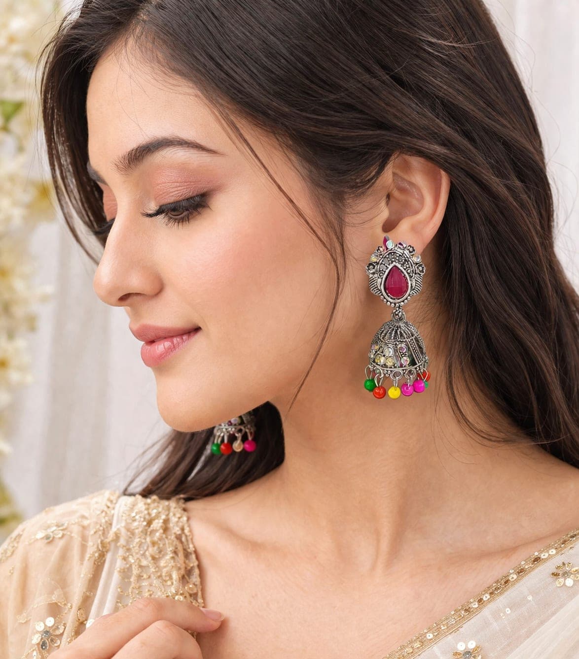 Oxidised Silver Plated Multicolor Beaded Jhumka Earrings for Women | Traditional Ethnic Dangler Earrings with Ruby Red Stone — thumbnail 2