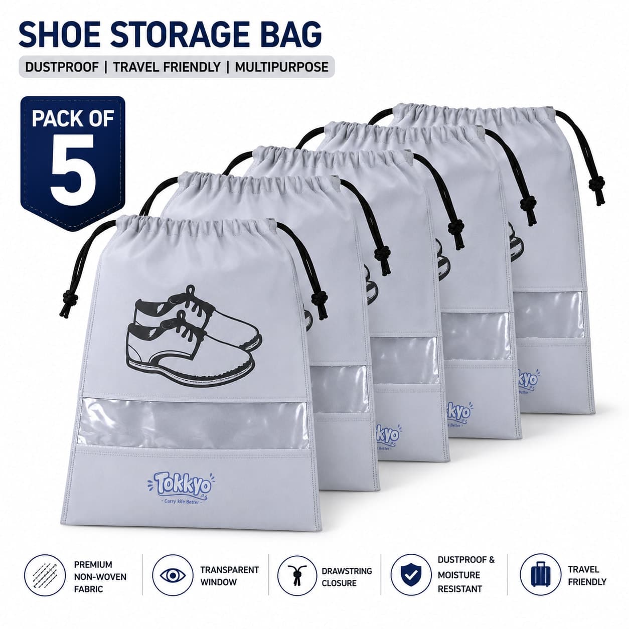 Pack of 5 Non-Woven Shoe Storage Bags with Transparent Window | Drawstring Travel Shoe Organizer | Dustproof Multipurpose Shoe Pouches — view 1
