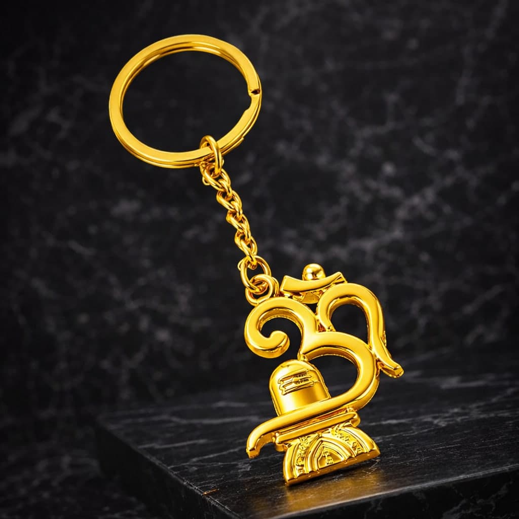 Gold Plated Om Shiv Ling Keychain | Religious Metal Key Ring for Car, Bike, Home & Office Keys | Lucky Spiritual Key Holder Gift — view 1