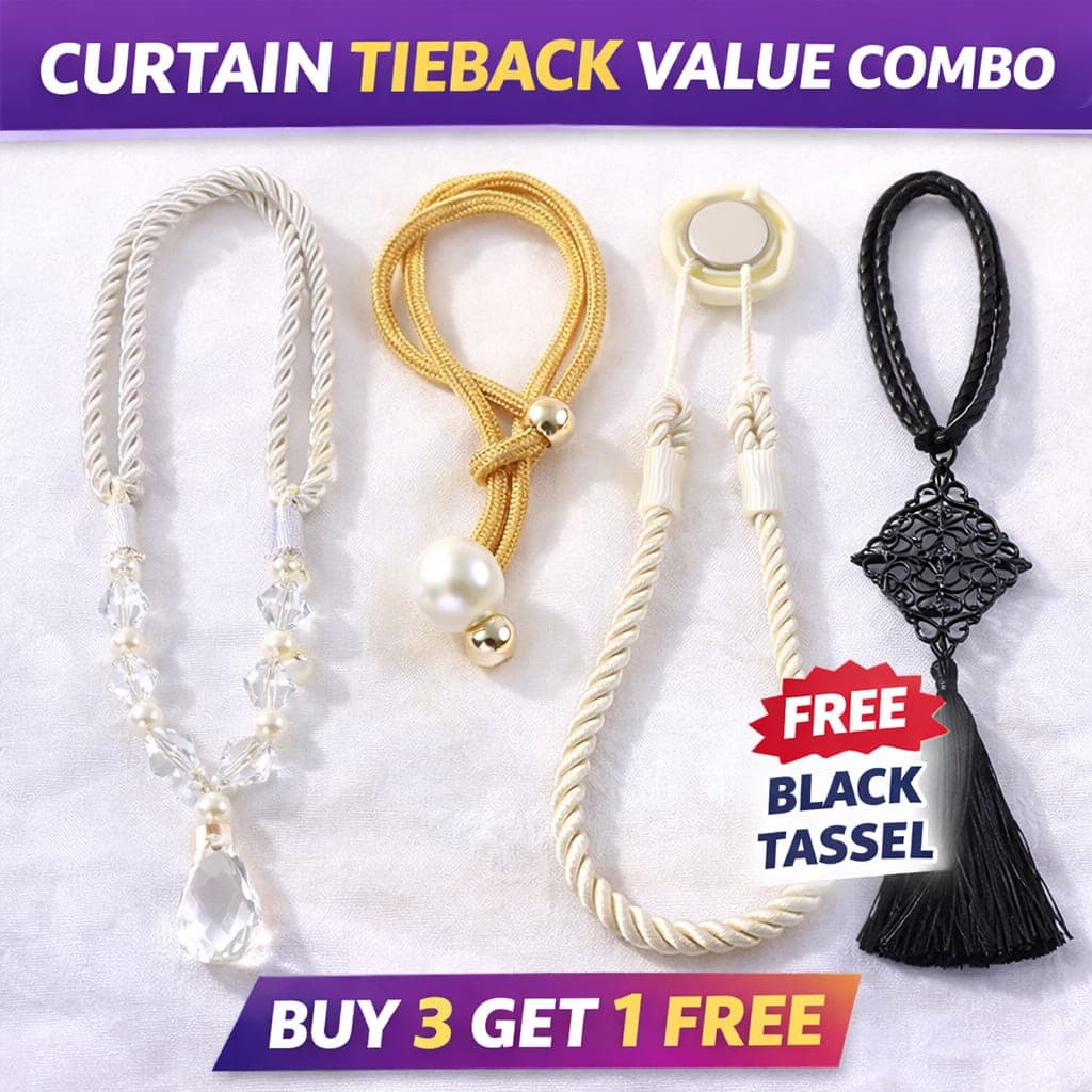 Decorative Curtain Tieback Combo Set of 3 with 1 Free Black Tassel | Magnetic & Rope Curtain Holdbacks | Curtain Rope Holder for Living Room, Bedroom & Office — view 1