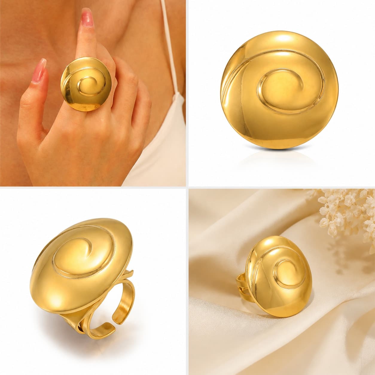 Vintage Gold-Tone Spiral Statement Ring for Women & Girls | Adjustable Fashion Finger Ring — thumbnail 2