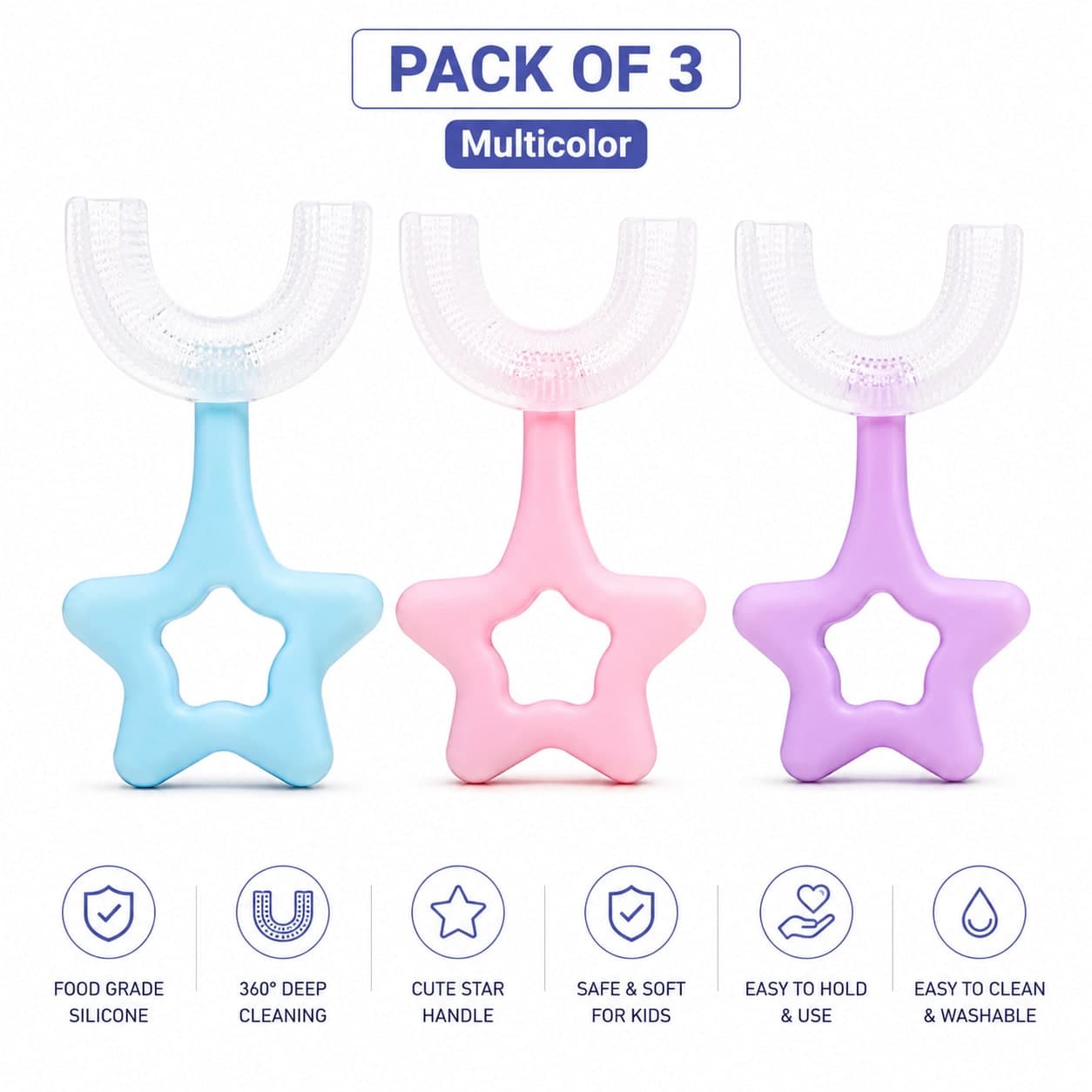 Baby Finger Toothbrush Silicone Teether Brush with Star Handle – Pack of 3 | 360° Soft Gum Cleaner | BPA Free Infant Oral Care Toothbrush for Babies & Toddlers — view 1