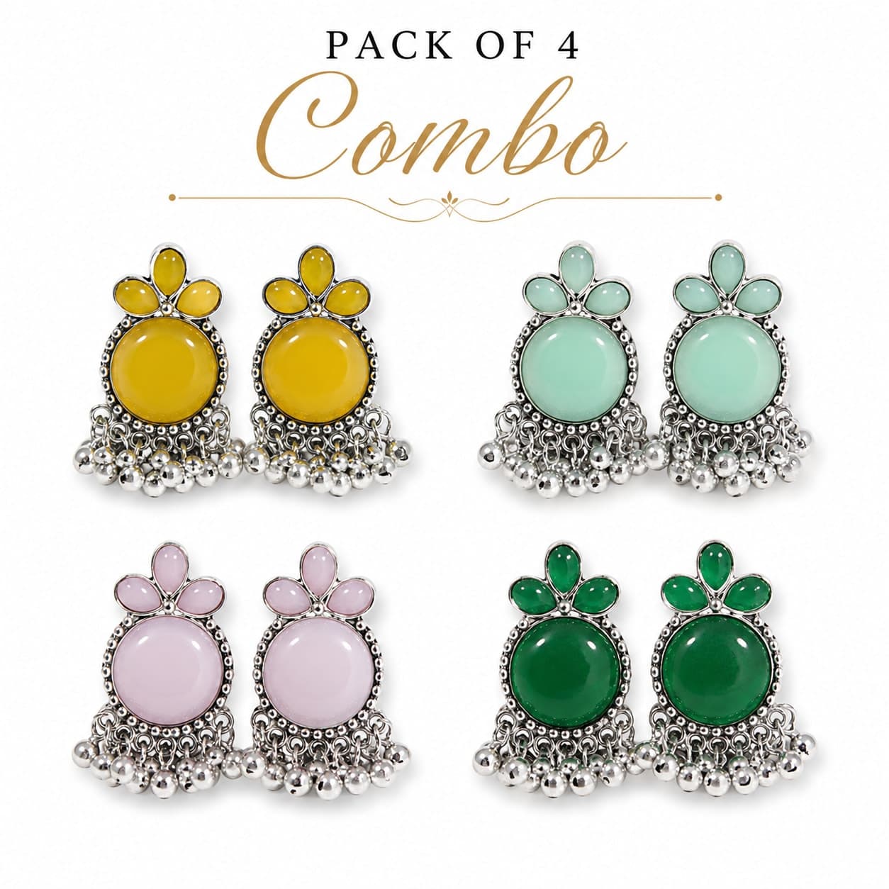 Pack of 4 Oxidised Jhumka Earrings Combo for Women & Girls | Multicolor Traditional Drop Earrings Set | Ethnic Fashion Jewellery — thumbnail 3