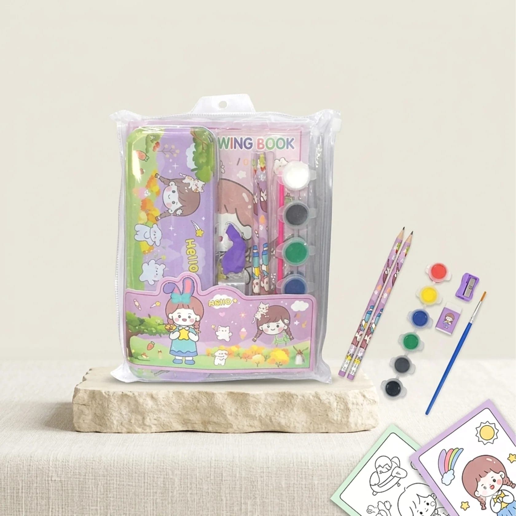 Kids Cartoon Stationery Gift Set with Pencil Box, Notebook, Pencil, Eraser & Watercolor Paint Kit | School Supplies Combo | Pack of 1 — thumbnail 2