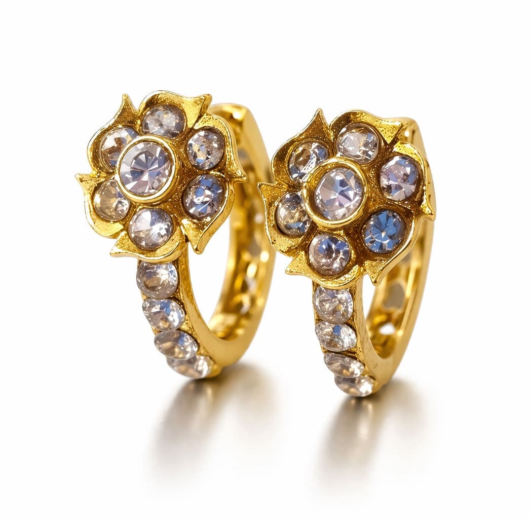 Gold Plated Crystal Floral Hoop Earrings for Women | Elegant Flower Huggie Earrings | Party Wear Jewellery — view 1