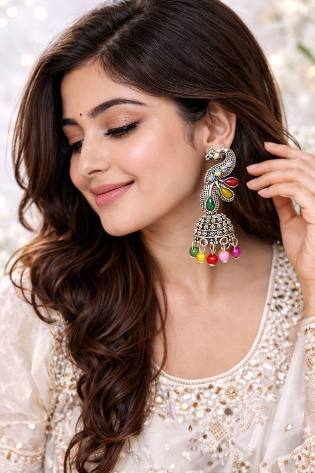 Oxidised Silver Plated Peacock Jhumka Earrings for Women | Multicolor Beaded Ethnic Dangler Earrings — thumbnail 3