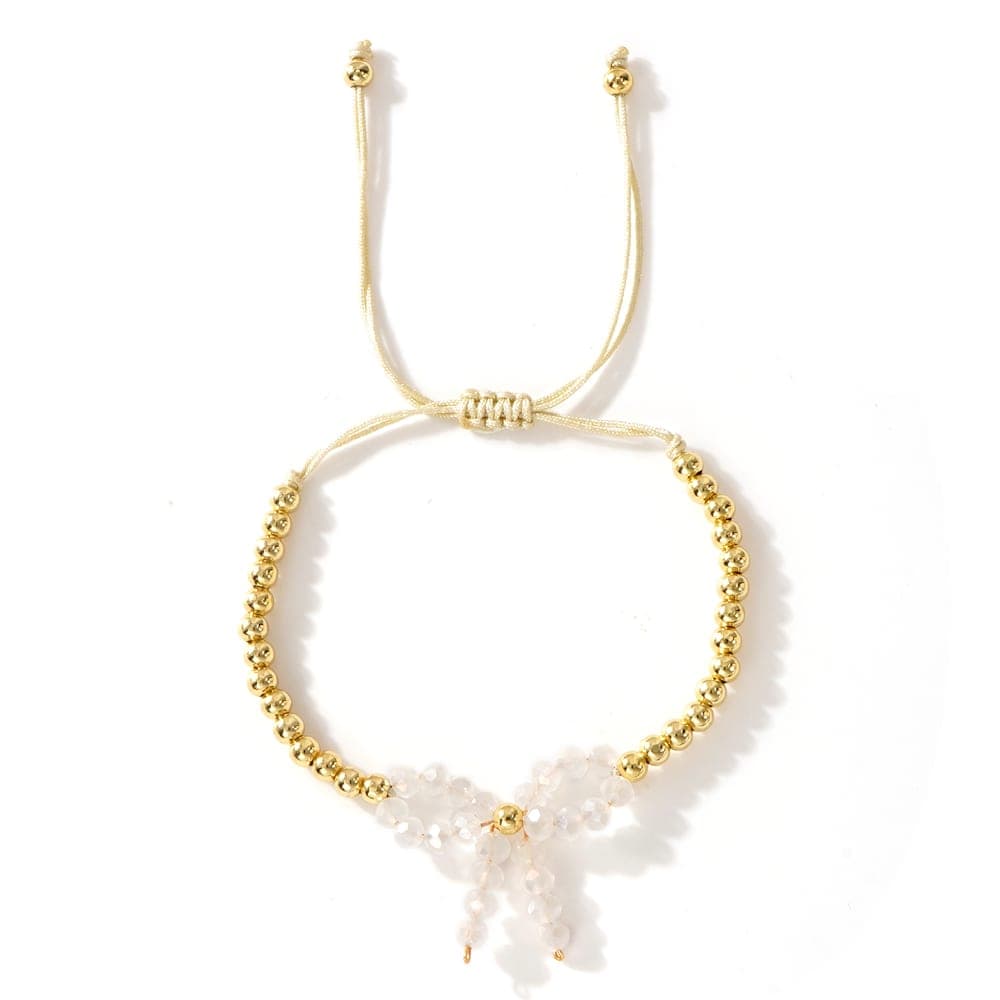 Adjustable Gold Beaded Crystal Bow Bracelet for Women & Girls | Elegant Hand Bracelet — thumbnail 2