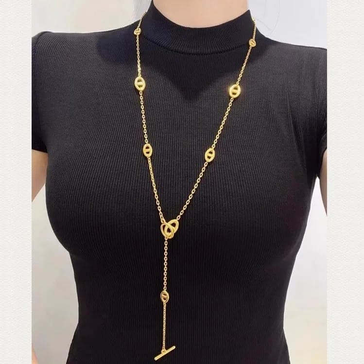 Gold Plated Y-Shaped Long Pendant Chain Necklace for Women & Girls | Elegant Korean Style Fashion Necklace — view 1