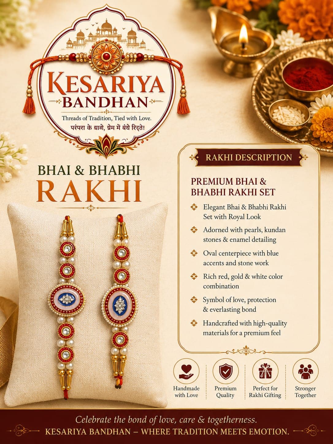 Kesariya Bandhan Premium Bhai Bhabhi Rakhi Set | Red Pearl & Blue Stone Designer Rakhi Pair | Traditional Raksha Bandhan Gift for Brother & Bhabhi — wholesale price India