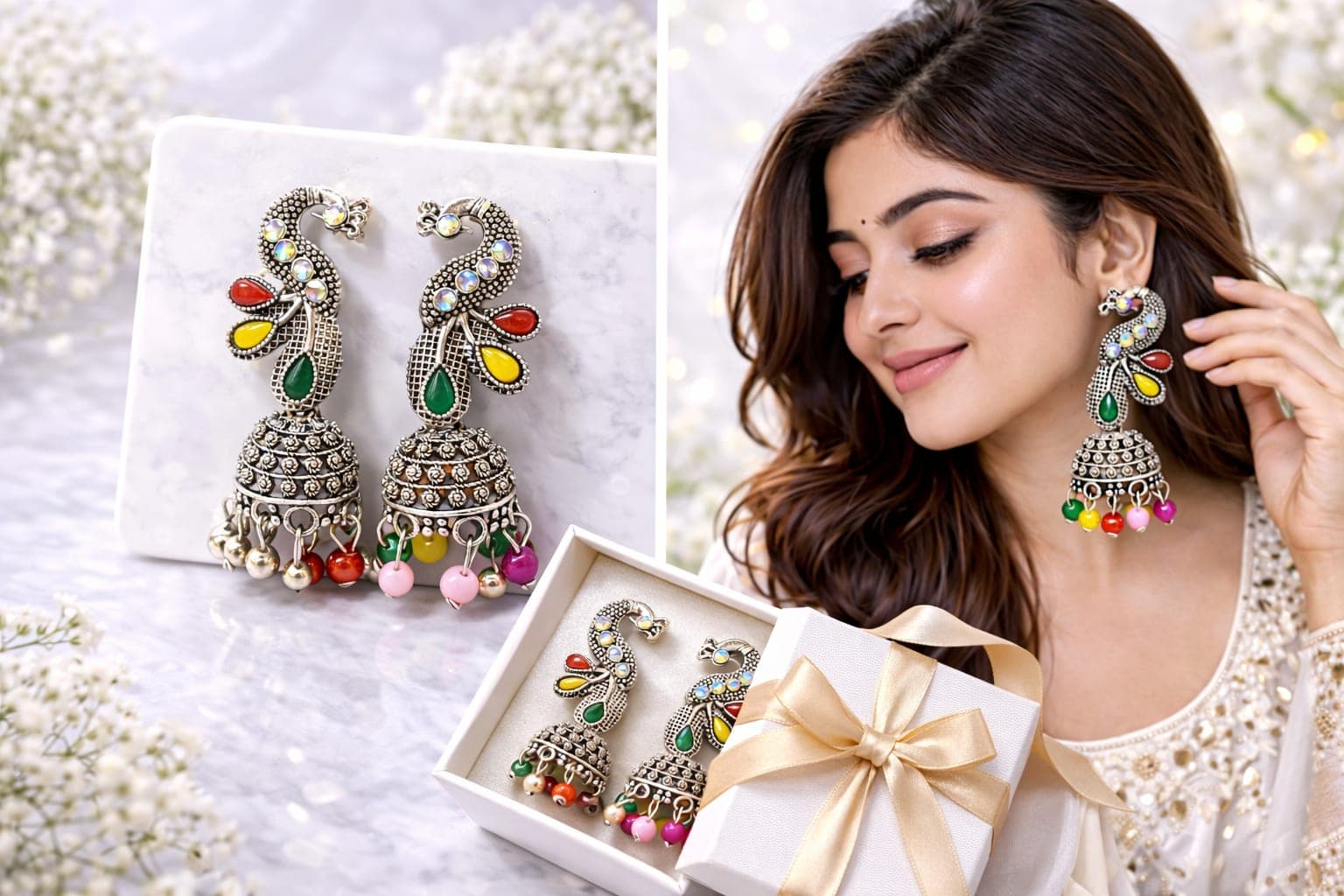 Oxidised Silver Plated Peacock Jhumka Earrings for Women | Multicolor Beaded Ethnic Dangler Earrings — thumbnail 2