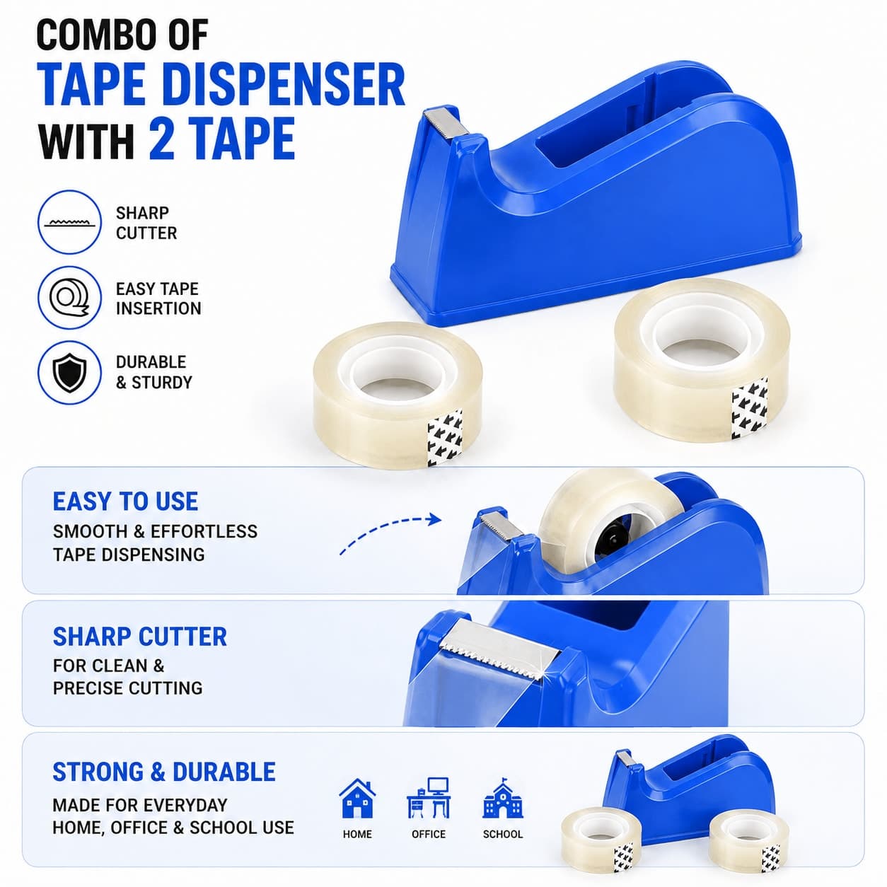 Tape Dispenser with 2 Clear Cello Tape Rolls Combo | Desktop Tape Cutter | Heavy Duty Plastic Tape Holder for Office, School & Home — wholesale price India
