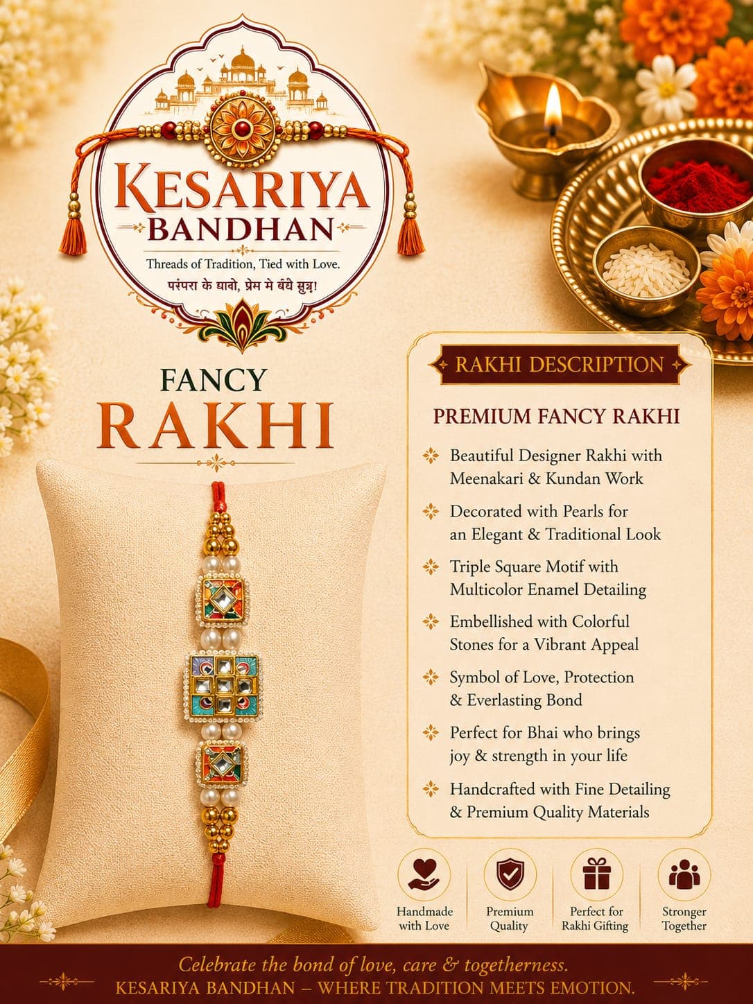Kesariya Bandhan Premium Fancy Square Rakhi | Kundan, Meenakari & Pearl Designer Rakhi | Handcrafted Raksha Bandhan Rakhi for Brother — view 1