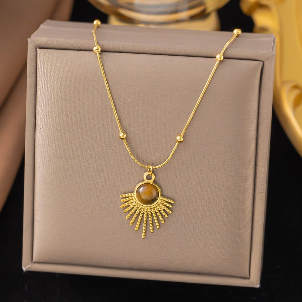 Gold Plated Sunburst Natural Stone Pendant Necklace for Women & Girls | Boho Minimalist Fashion Chain | Pack of 1 — view 1