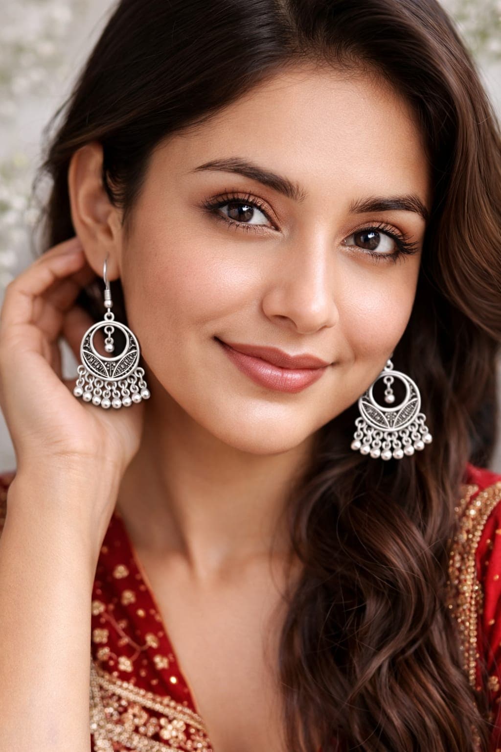 Silver Oxidised Circular Chandbali Earrings with Dangling Beads for Women & Girls — thumbnail 3