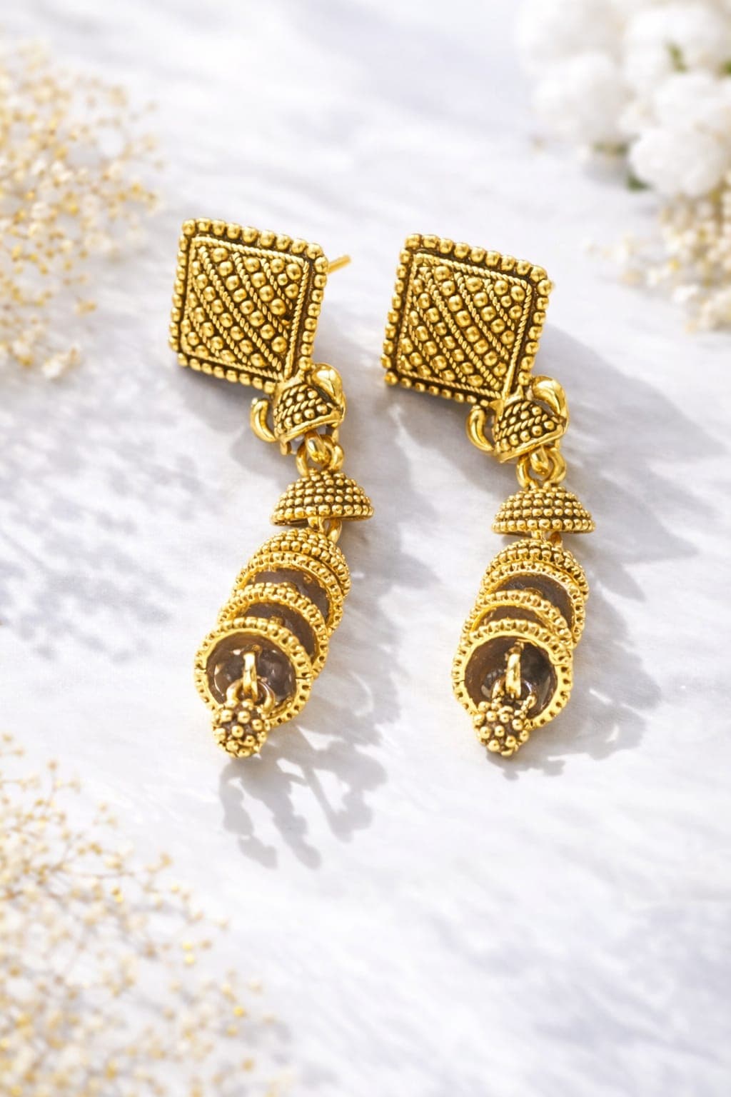 Antique Gold Plated Geometric Drop Earrings for Women | Traditional Ethnic Dangler Earrings | Lightweight Fashion Jewellery — view 1
