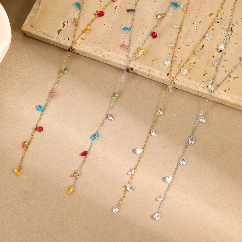 Gold & Silver Crystal Drop Tassel Necklace for Women & Girls | Elegant Long Chain Pendant Necklace | Pack of 1 (Random Design) — thumbnail 2