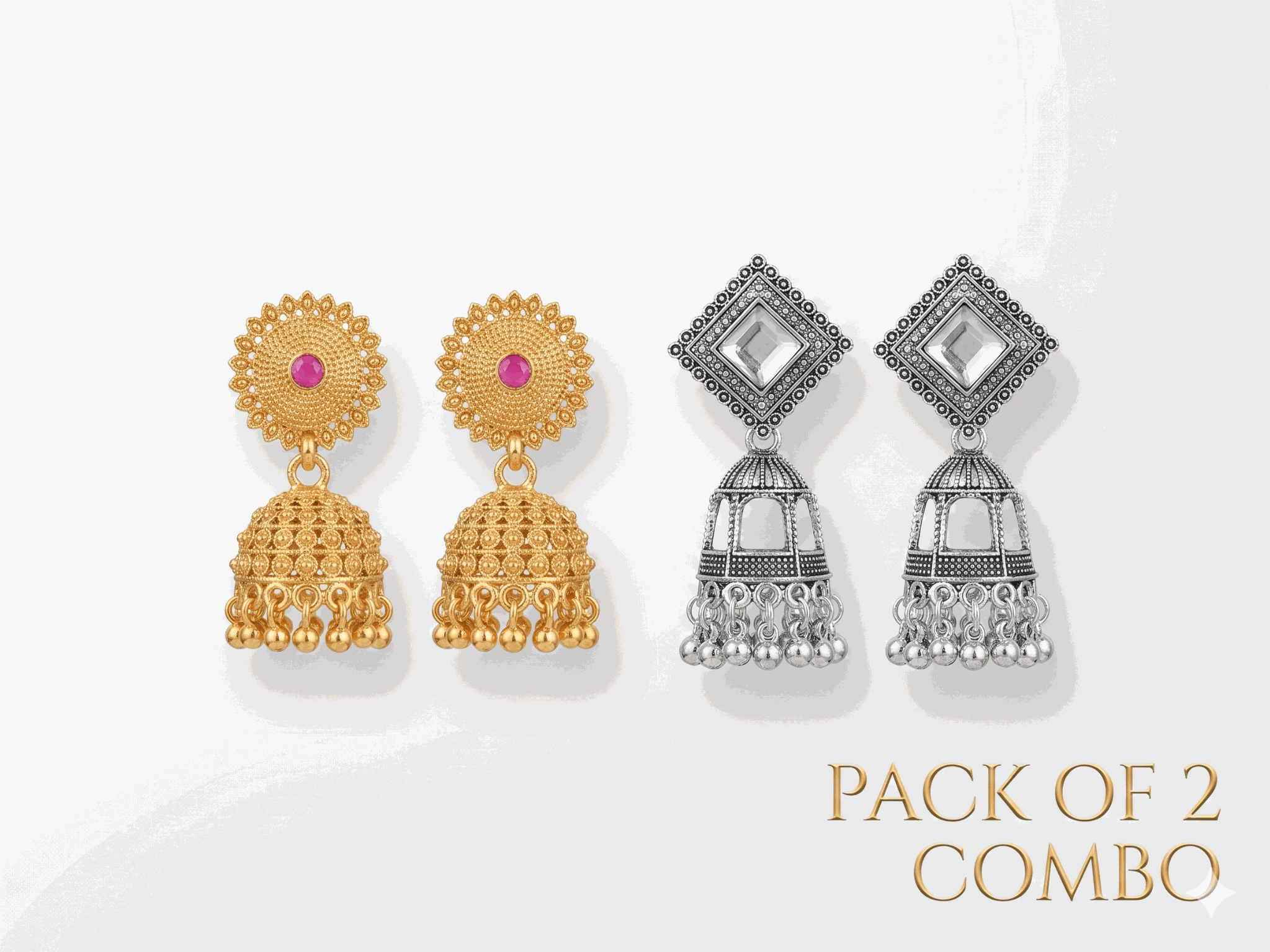 Pack of 2 Traditional Jhumka Earrings Combo for Women & Girls | Gold & Silver Oxidised Ethnic Earrings Set | Lightweight Party & Festive Wear — view 1