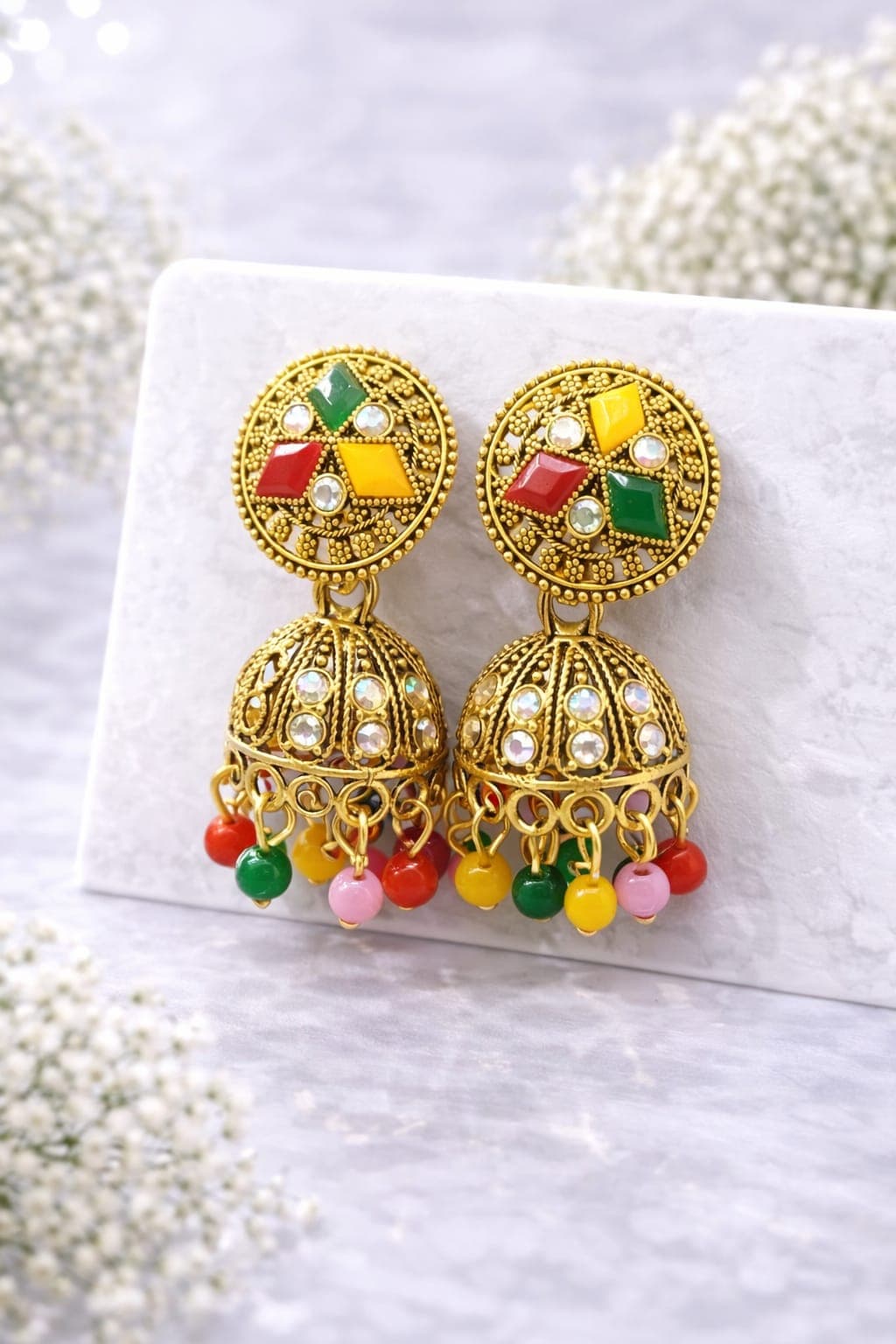 Antique Gold Plated Multicolor Jhumka Earrings for Women | Traditional Ethnic Dome Dangler Earrings with Crystal & Beads — thumbnail 2