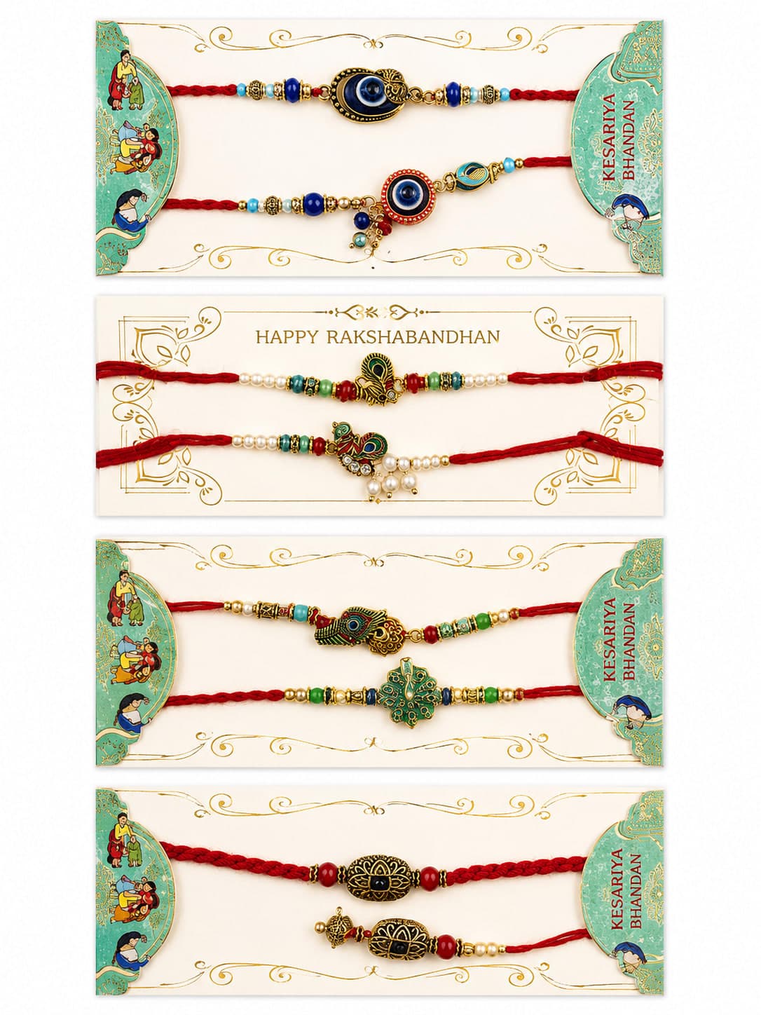 Kesariya Bandhan Premium Designer Rakhi Set of 8 | Evil Eye, Peacock & Traditional Fancy Rakhi Combo | Handcrafted Raksha Bandhan Gift for Brother — view 1