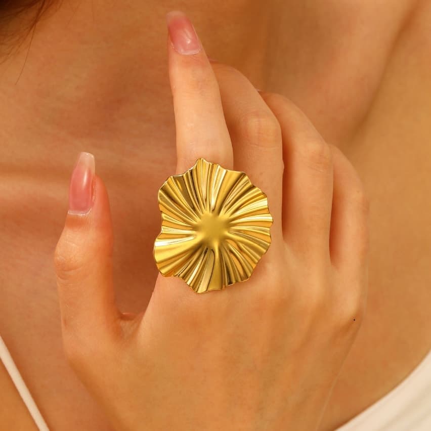 Elegant Gold-Tone Floral Statement Ring for Women & Girls | Adjustable Fashion Finger Ring — thumbnail 2