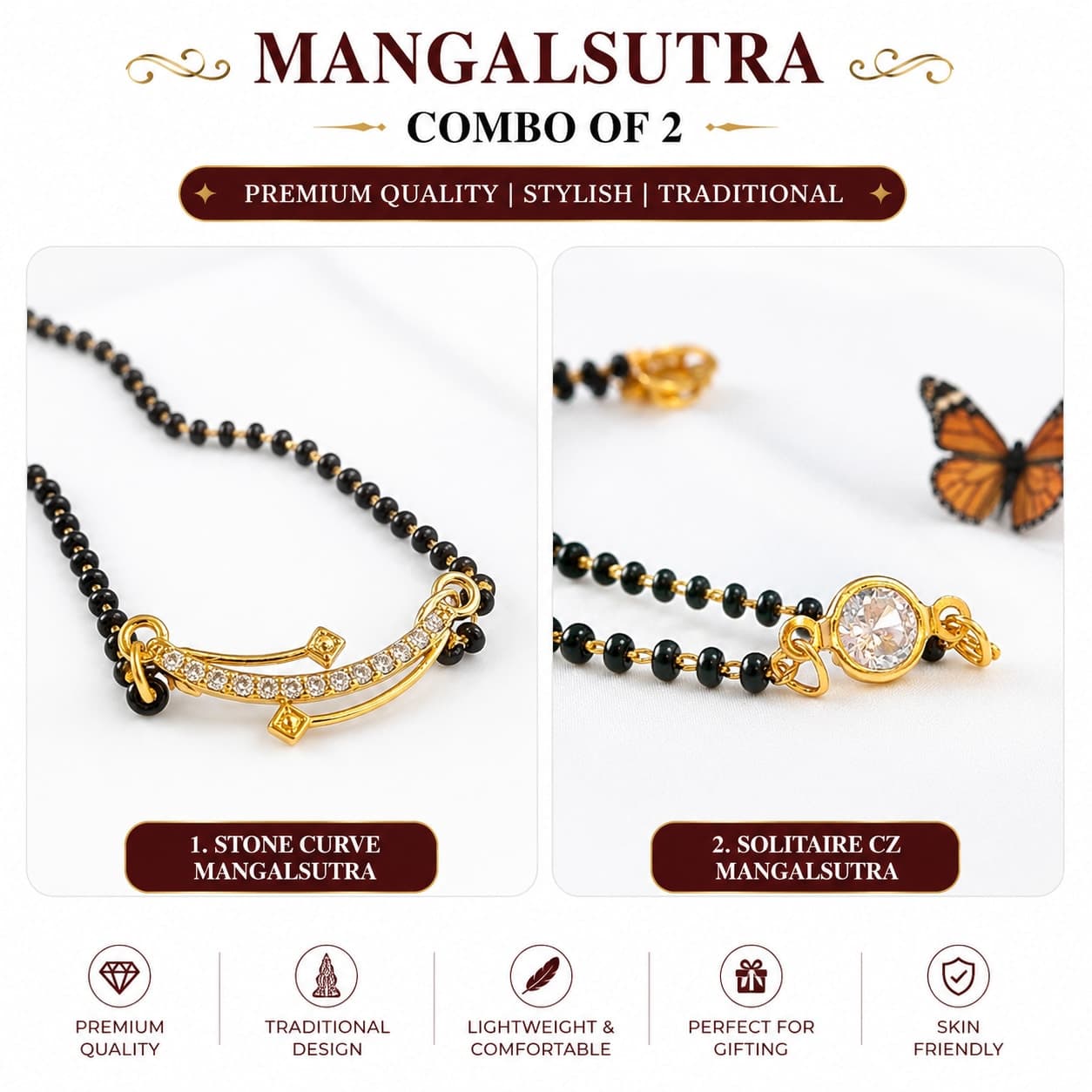 Pack of 2 Gold Plated Mangalsutra Combo for Women | Golden Curve & Single Stone Mangalsutra | Daily Wear Traditional Jewellery — view 1