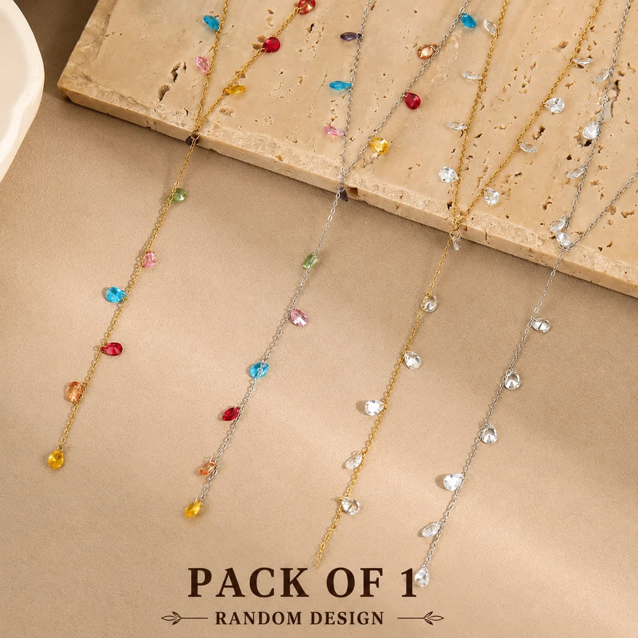 Gold & Silver Crystal Drop Tassel Necklace for Women & Girls | Elegant Long Chain Pendant Necklace | Pack of 1 (Random Design) — view 1