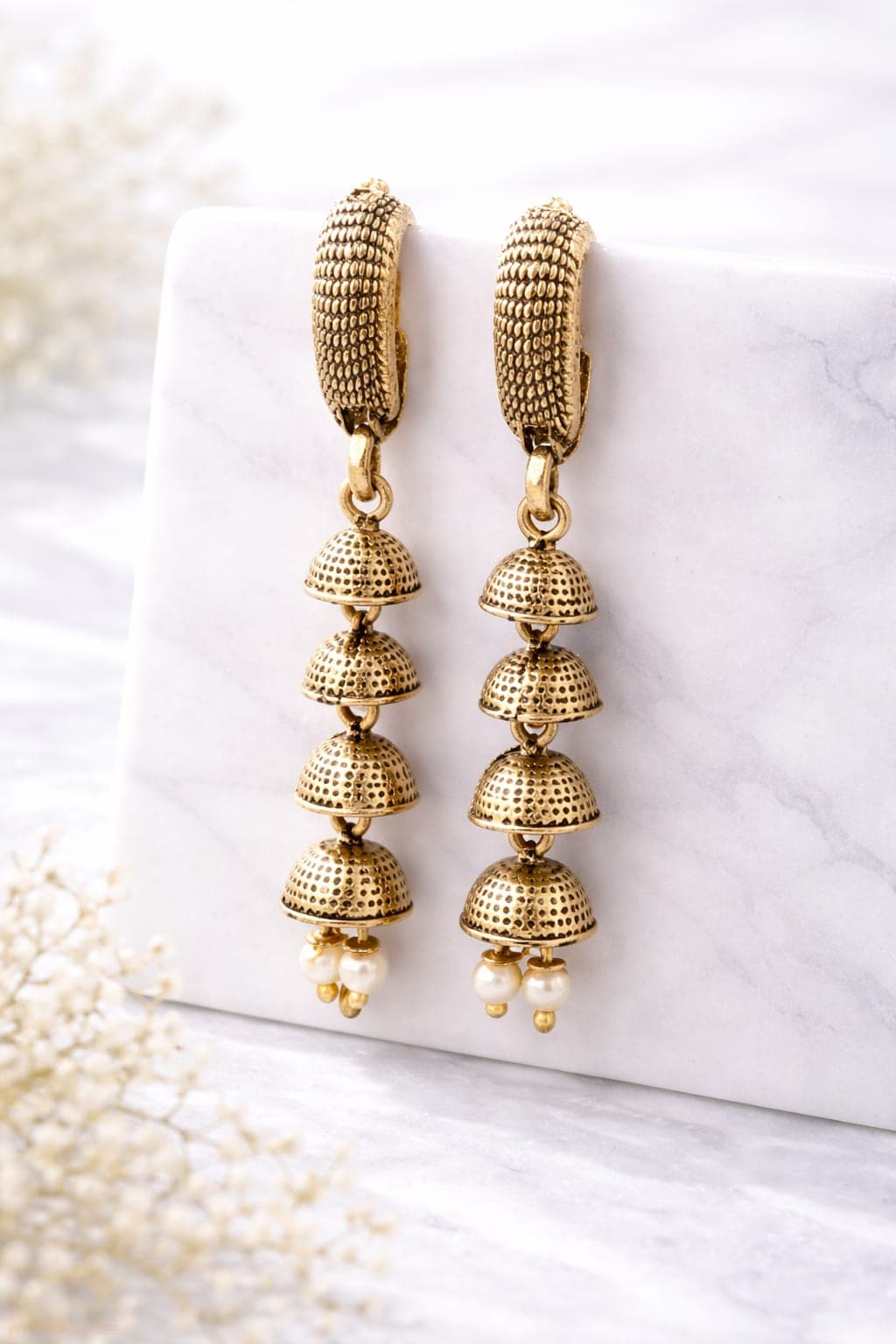 Antique Gold Plated Multi Dome Jhumka Drop Earrings for Women | Traditional Ethnic Dangler Earrings with Pearl Accents — view 1