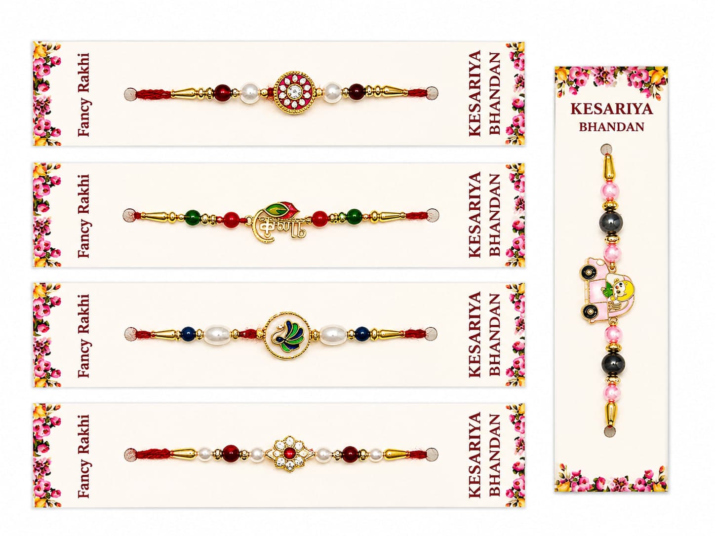 Kesariya Bandhan Premium Fancy Rakhi Set of 5 | Designer Kids, Om, Peacock, Floral & Pearl Rakhi Combo | Handcrafted Raksha Bandhan Rakhi Collection — view 1