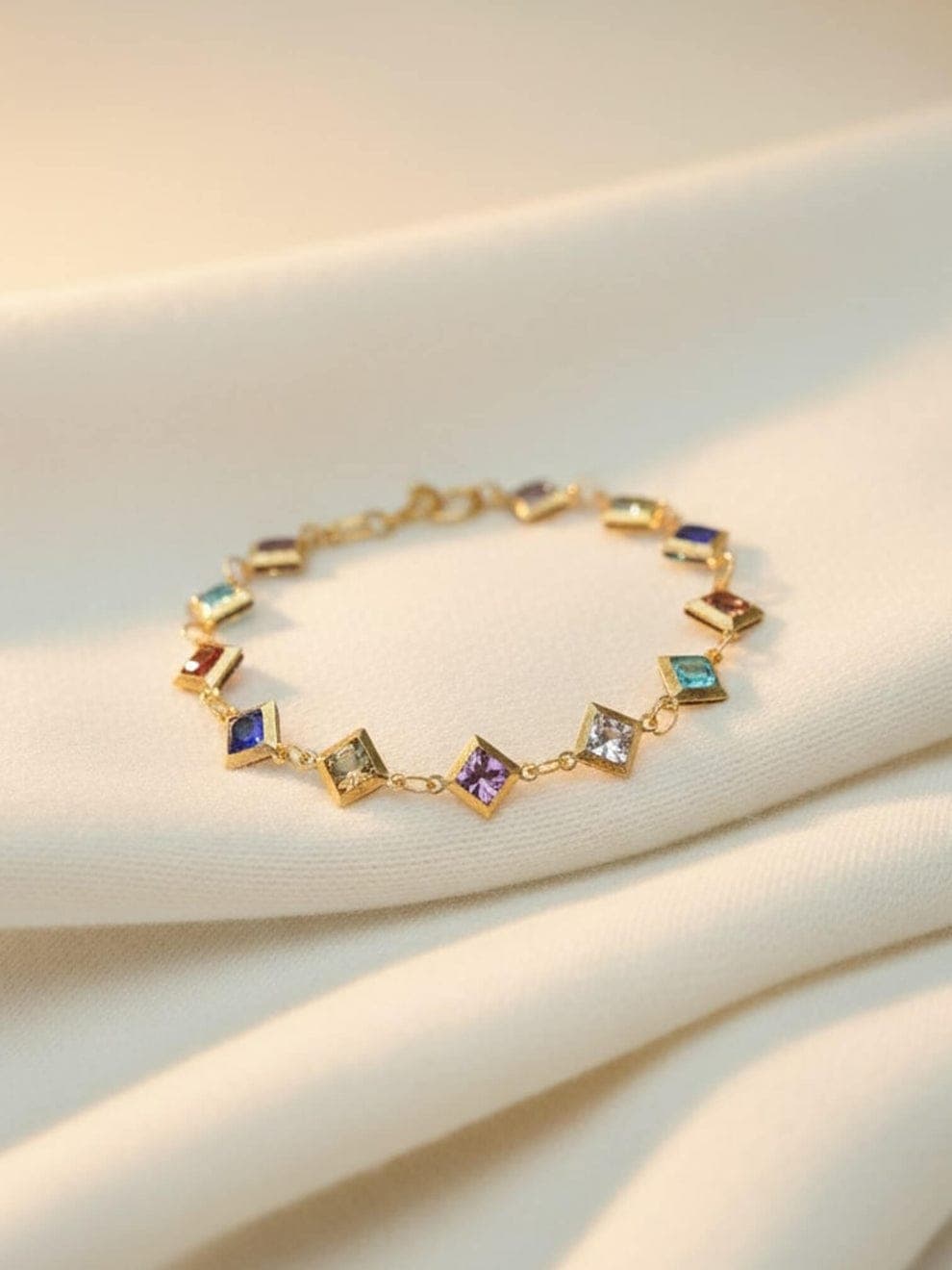 Multicolor Square Crystal Gold Plated Adjustable Bracelet for Women | Geometric Link Bracelet — view 1