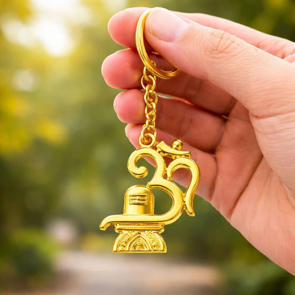 Gold Plated Om Shiv Ling Keychain | Religious Metal Key Ring for Car, Bike, Home & Office Keys | Lucky Spiritual Key Holder Gift — thumbnail 3