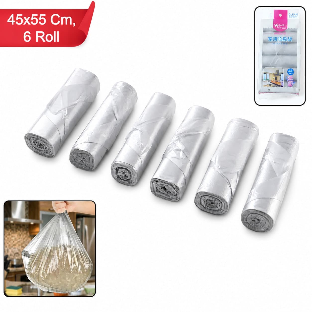 Disposable Garbage Bags Roll 45×55 cm – Pack of 6 Rolls | Leakproof Kitchen Dustbin Trash Bags | Strong Multipurpose Waste Disposal Bags — view 1