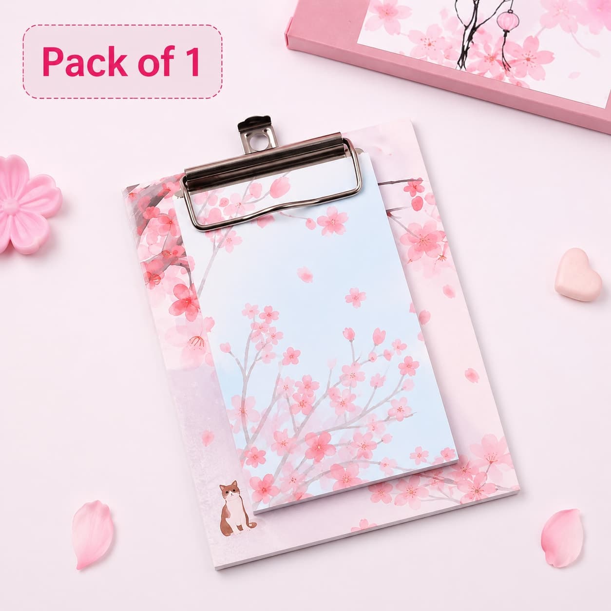 Cherry Blossom Mini Clipboard Memo Pad with Metal Clip | Cute Pocket Notepad | Writing Pad for Notes, To-Do Lists & Office, School, Home Use | Pack of 1 — view 1