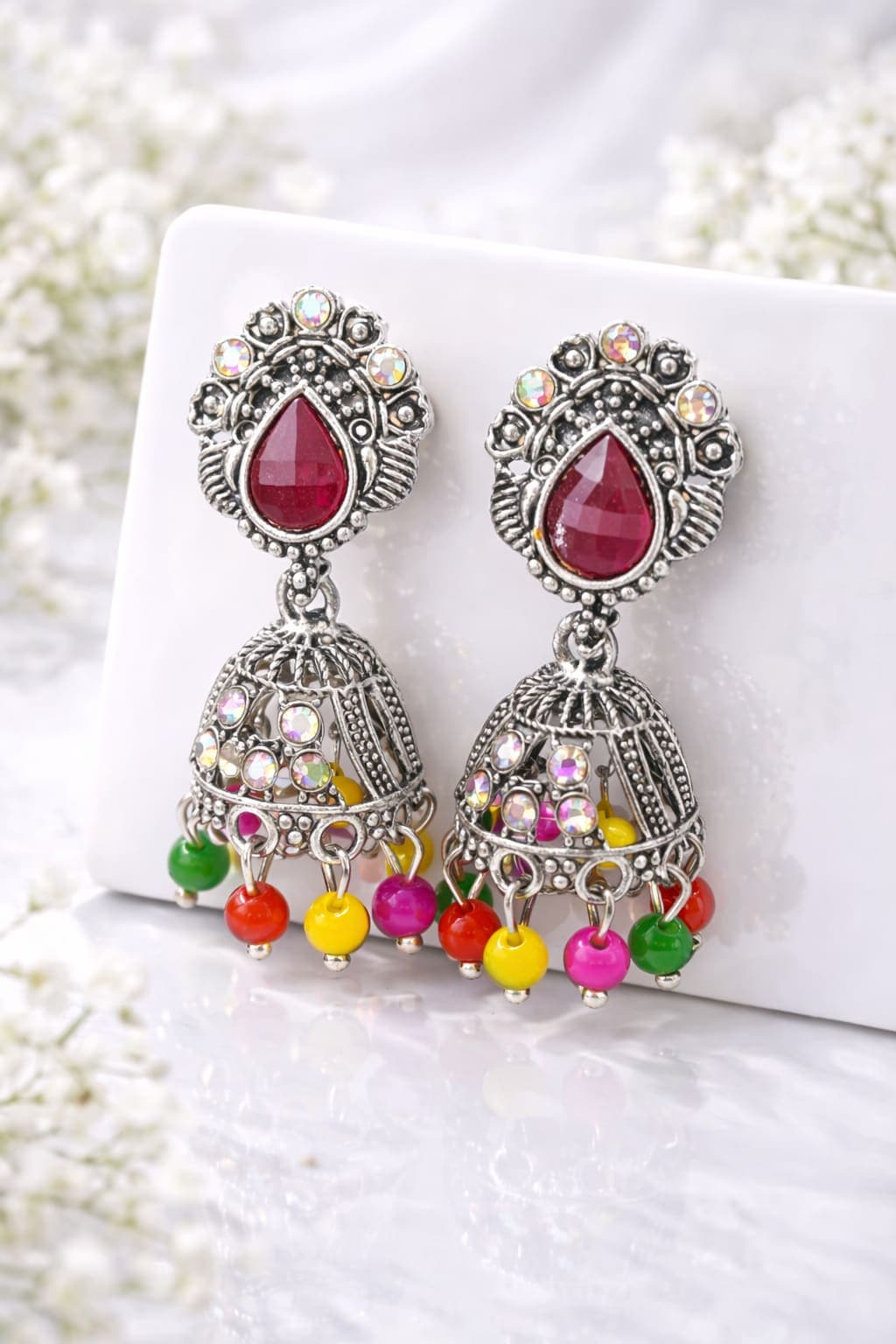 Oxidised Silver Plated Multicolor Beaded Jhumka Earrings for Women | Traditional Ethnic Dangler Earrings with Ruby Red Stone — view 1