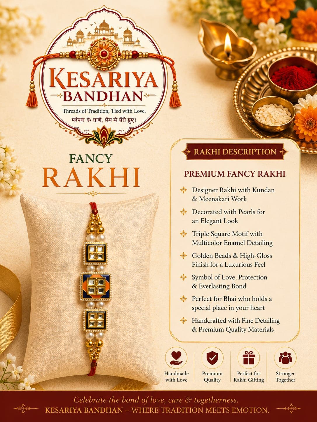 Kesariya Bandhan Premium Square Designer Rakhi | Kundan, Meenakari & Pearl Fancy Rakhi | Handcrafted Raksha Bandhan Rakhi for Brother — view 1