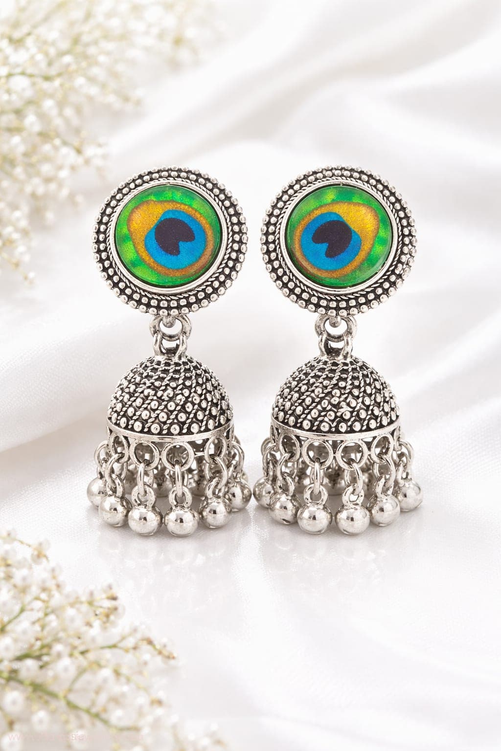 Oxidised Silver Peacock Feather Jhumka Earrings for Women | Traditional Ethnic Dome Dangler Earrings — thumbnail 2
