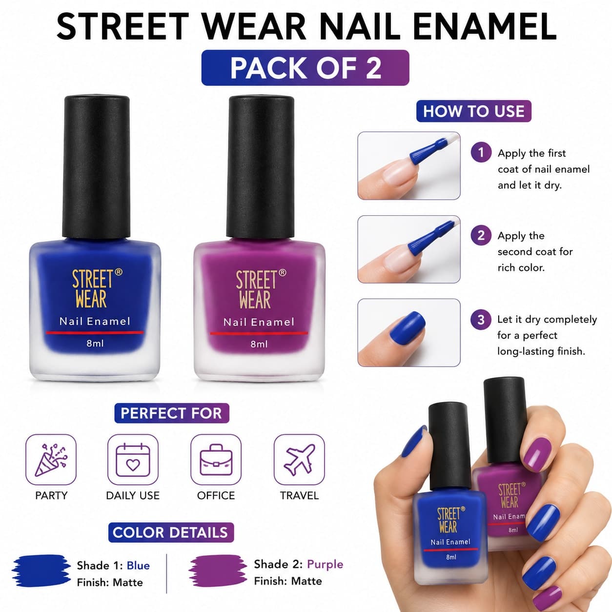Street Wear Matte Nail Enamel Pack of 2 | Blue & Purple Shades | Long Lasting, Quick Dry Matte Finish | 8 ml Each | Nail Polish for Women — thumbnail 2