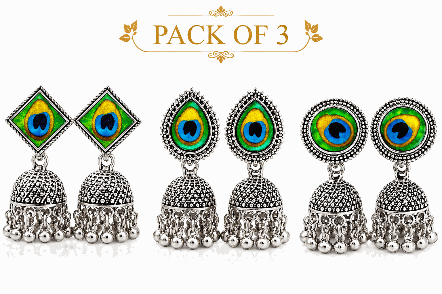 Pack of 3 Oxidised Peacock Jhumka Earrings Combo for Women & Girls | Multicolor Ethnic Traditional Drop Earrings Set | Lightweight Fashion Jewellery — view 1