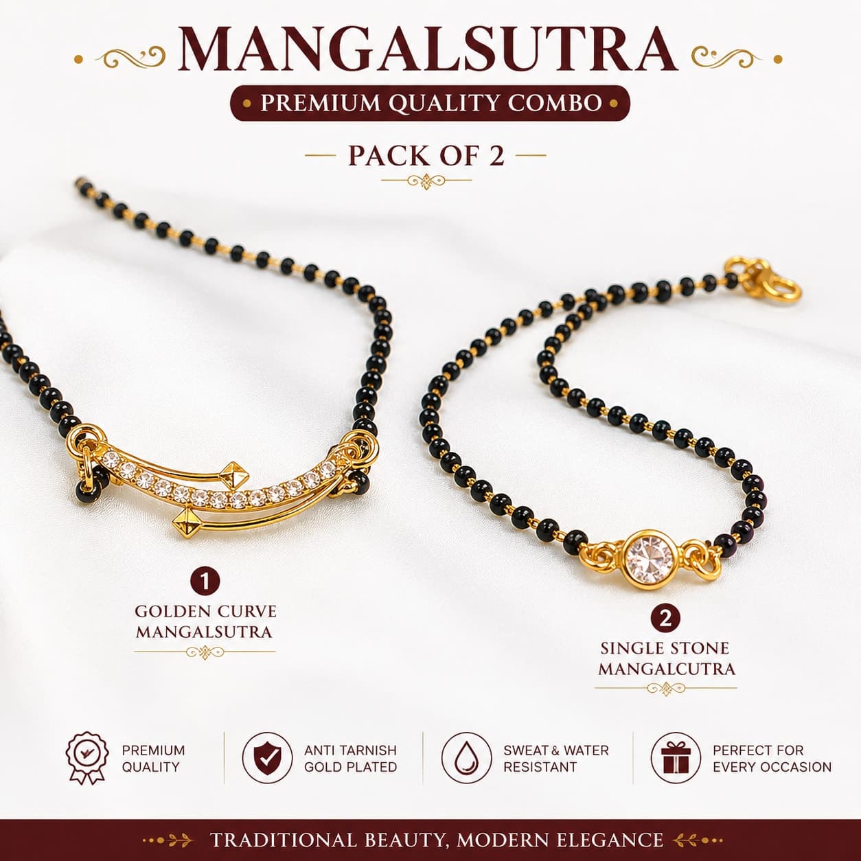 Pack of 2 Gold Plated Mangalsutra Combo for Women | Golden Curve & Single Stone Mangalsutra | Daily Wear Traditional Jewellery — thumbnail 2